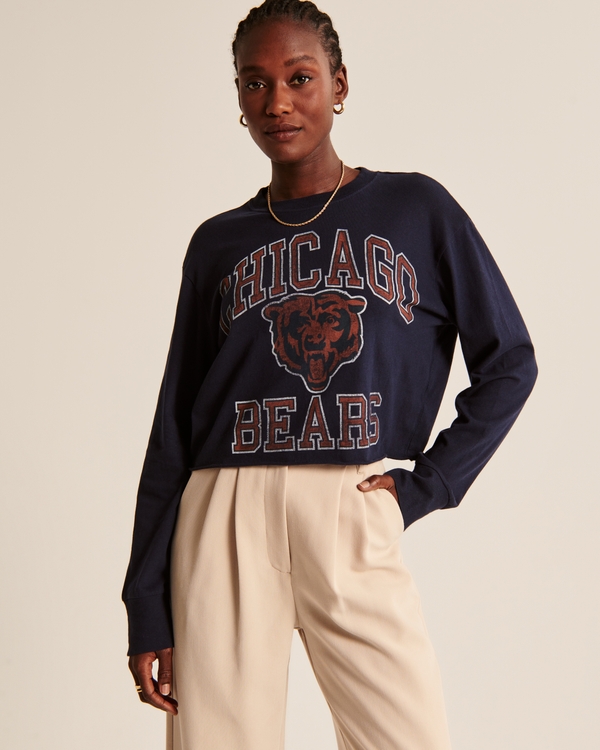 Long-Sleeve Cropped Chicago Bears Graphic Tee, Navy