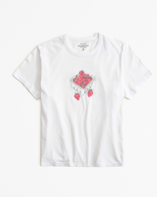 Kurzärmliges, figurschmeichelndes Tee mit Strawberry-Grafik, White