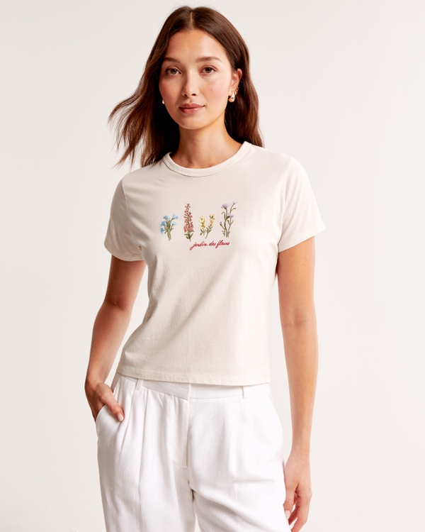 Short-Sleeve Flowers Graphic Skimming Tee, Feather Gray