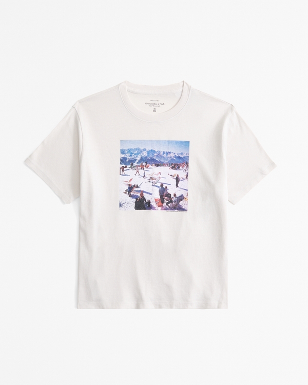 Short-Sleeve Slim Aarons Graphic Relaxed Tee, Cream view 1