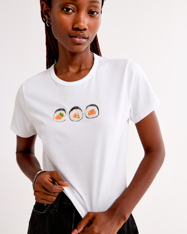 Short-Sleeve Sushi Graphic Skimming Tee, White view 2