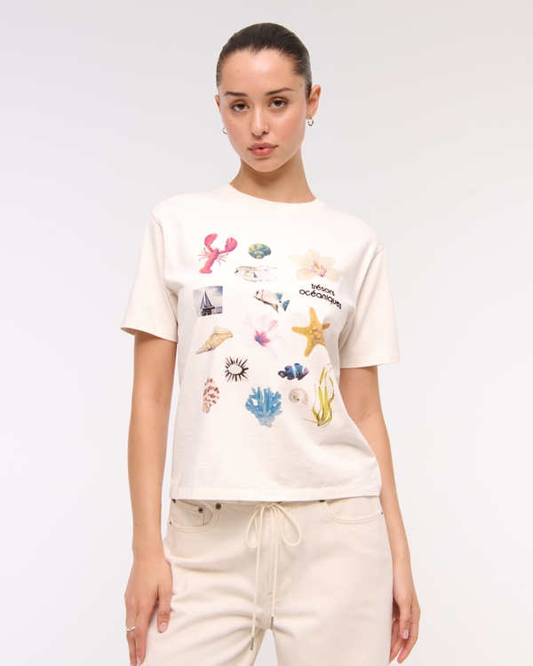 Short-Sleeve Ocean Graphic Relaxed Tee, Cream view 1