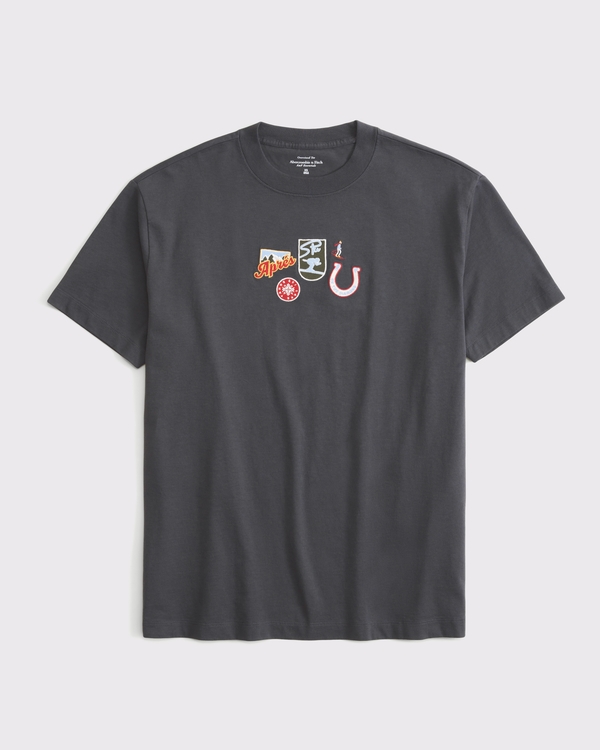 Oversized Ski Patches Graphic Tee, Dark Gray view 1