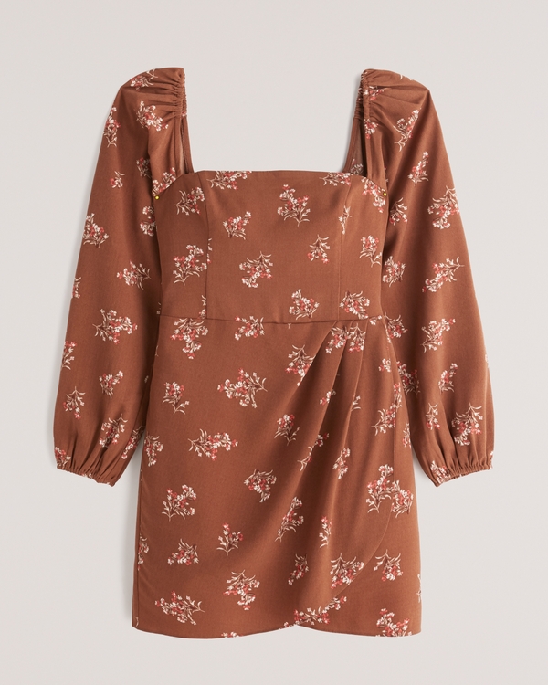 Long-Sleeve Draped Skirt Mini Dress, Brown Floral view 1