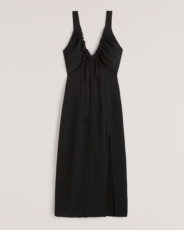 Cinched Neck Slip Midi Dress, Black