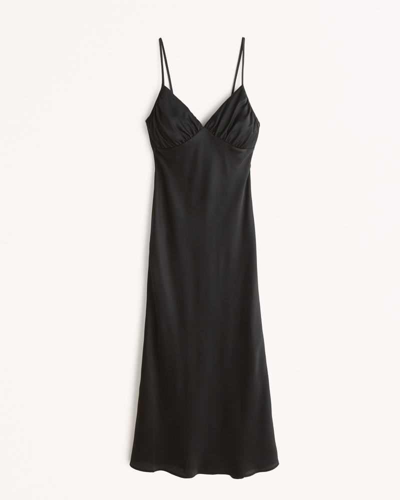 abercrombie ruched satin slip midi dress