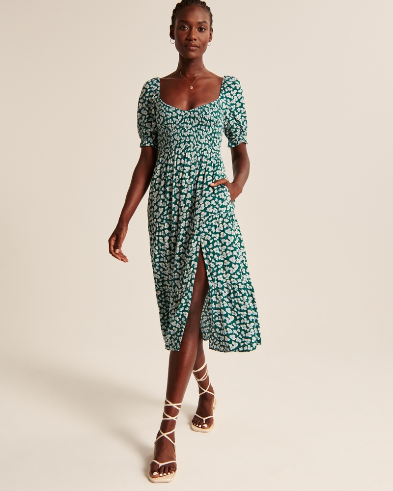 Abercrombie & Fitch Short-Sleeve Smocked Midi Dress