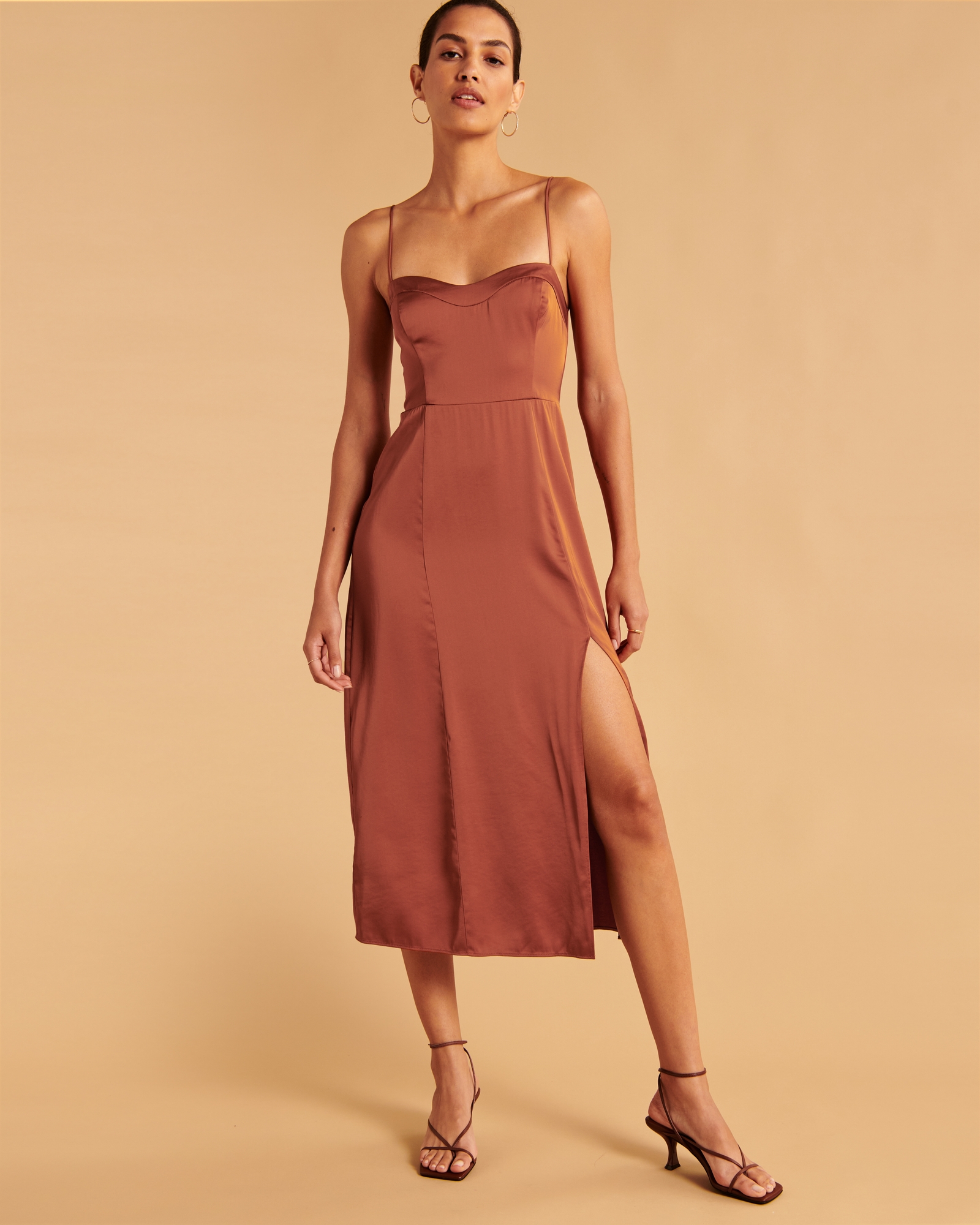 Satin High-Slit Midi Dress