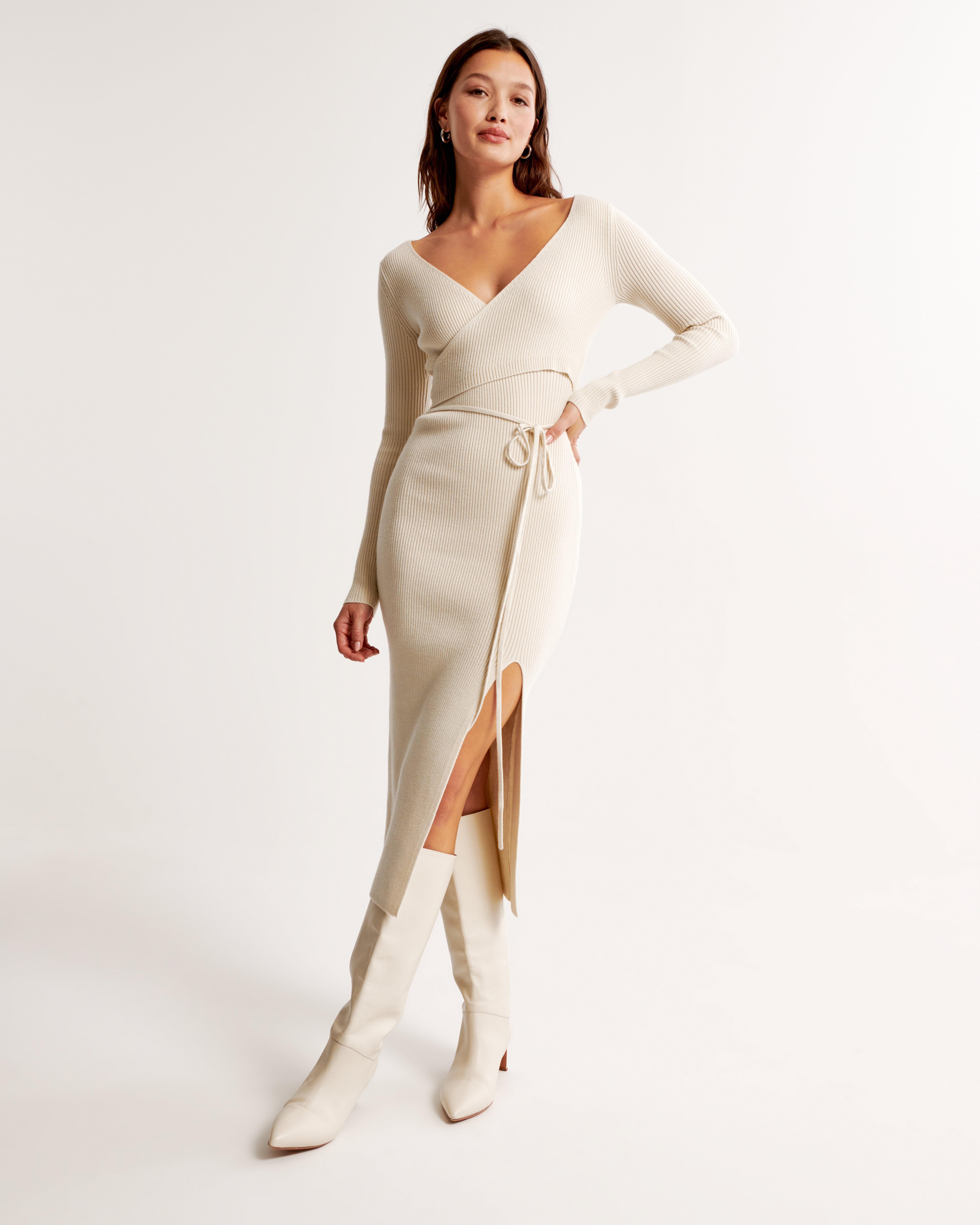 Long-Sleeve Wrap Midi Sweater Dress