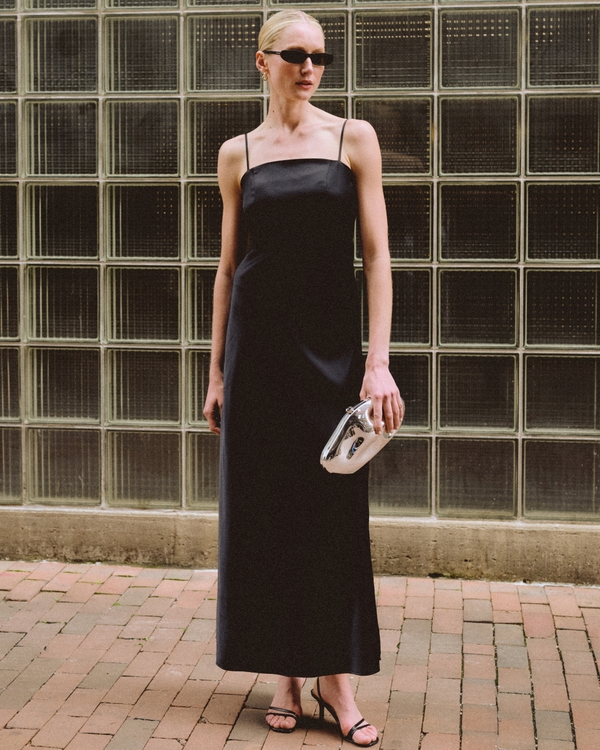 Bra-Free Open-Back Satin Slip Maxi Dress, Black view 1