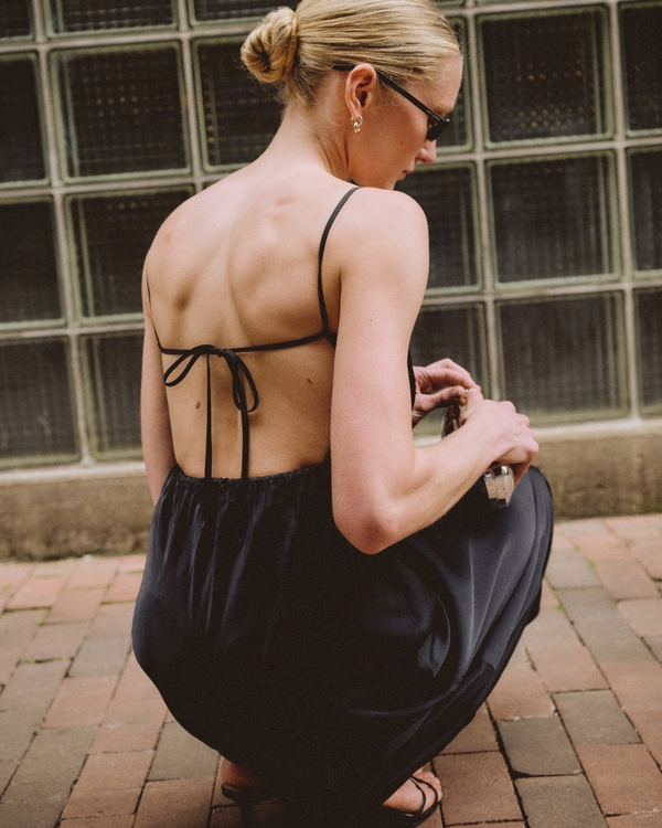 Bra-Free Open-Back Satin Slip Maxi Dress, Black view 2