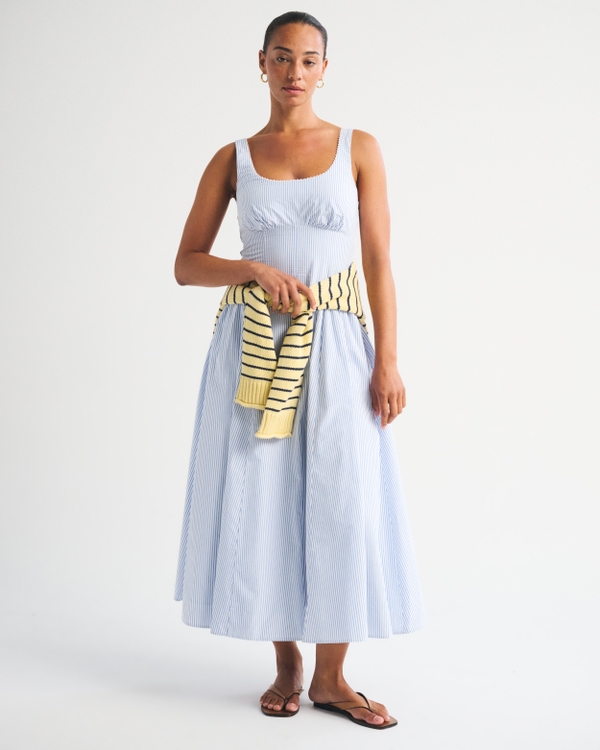 100% Cotton A&F Curve Love Bra-Free Dylan Midi Dress, Blue Stripe view 2
