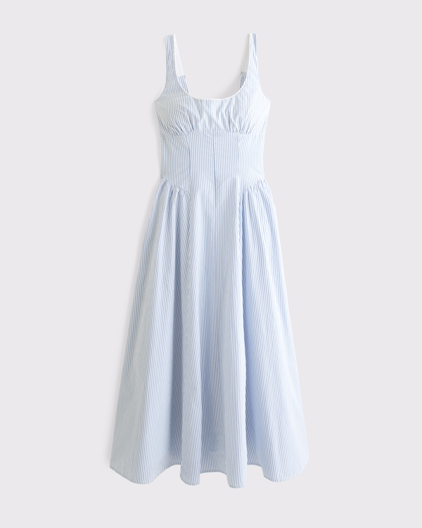 100% Cotton A&F Curve Love Bra-Free Dylan Midi Dress, Blue Stripe view 1