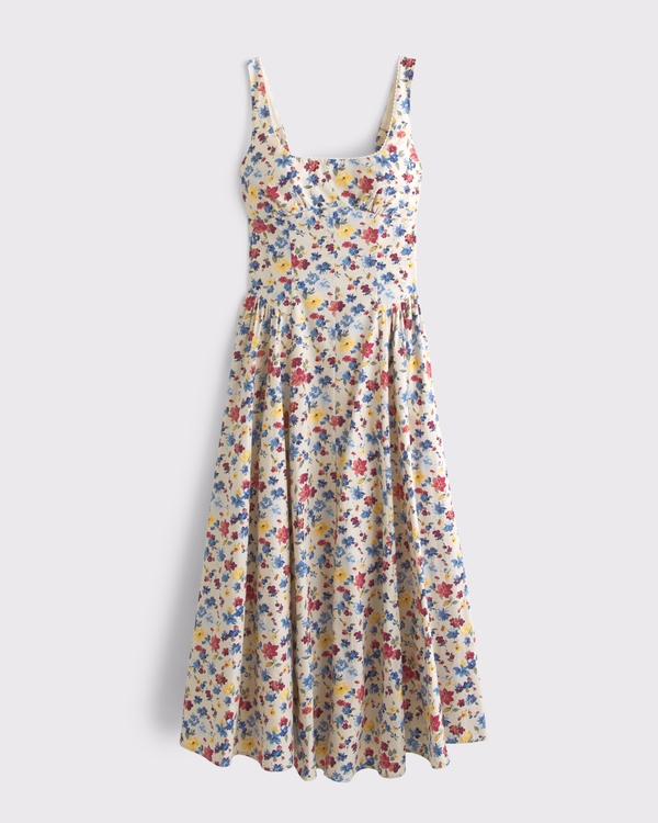 100% Cotton A&F Curve Love Bra-Free Dylan Midi Dress, Cream Floral view 1
