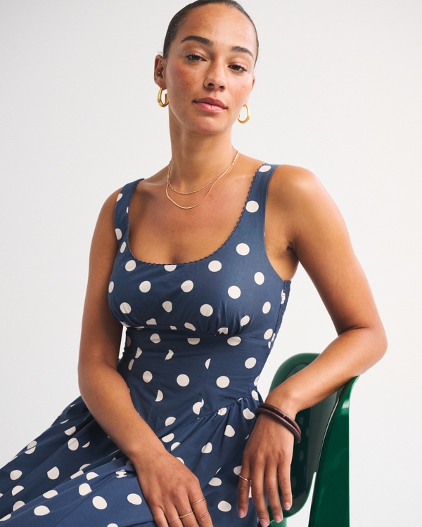 100% Cotton A&F Curve Love Bra-Free Dylan Midi Dress, Navy Dot view 2
