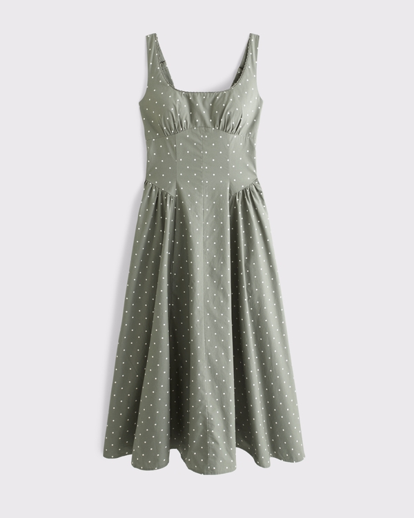 100% Cotton A&F Curve Love Bra-Free Dylan Midi Dress, Olive Gray Dot view 1