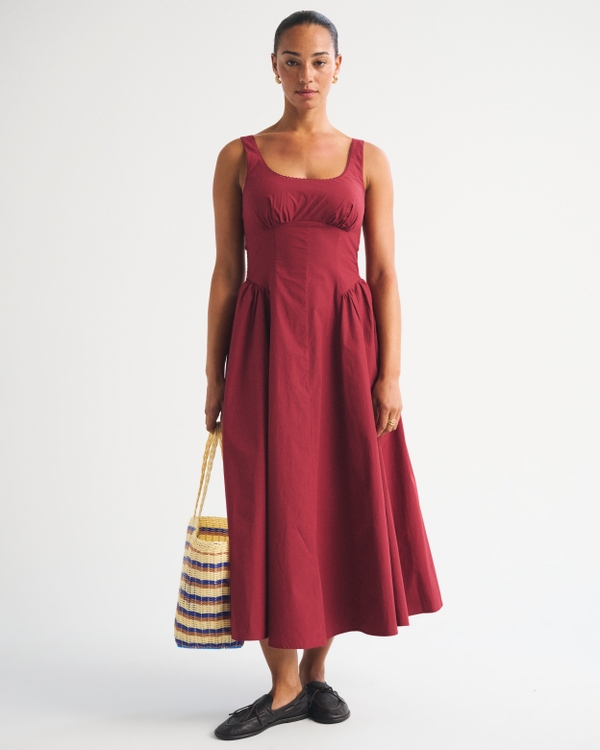 100% Cotton A&F Curve Love Bra-Free Dylan Midi Dress, Rich Ruby view 1