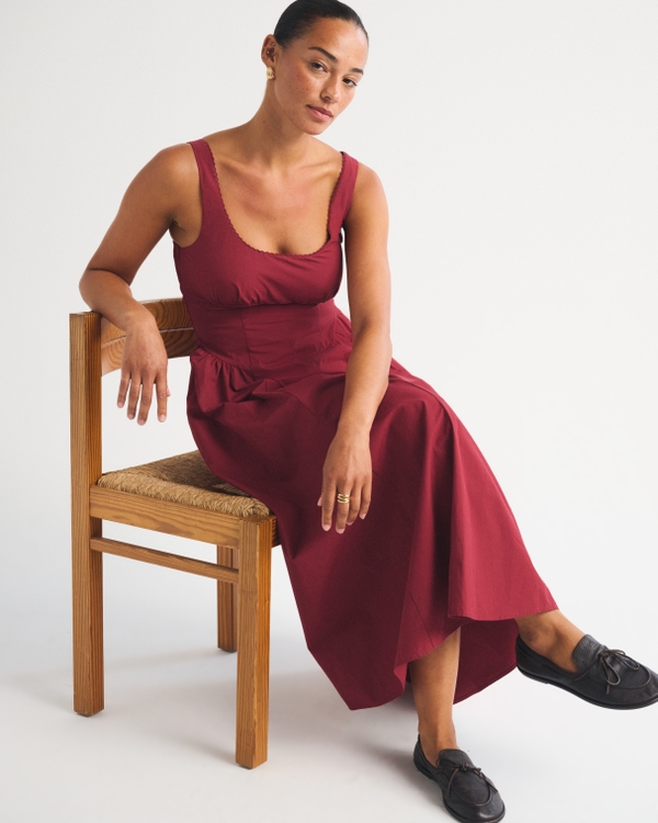 100% Cotton A&F Curve Love Bra-Free Dylan Midi Dress, Rich Ruby view 2