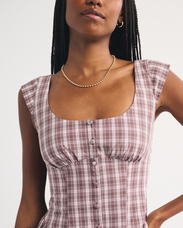100% Cotton A&F Dylan Bra-Free Cap-Sleeve Midi Dress, Brown Plaid view 2