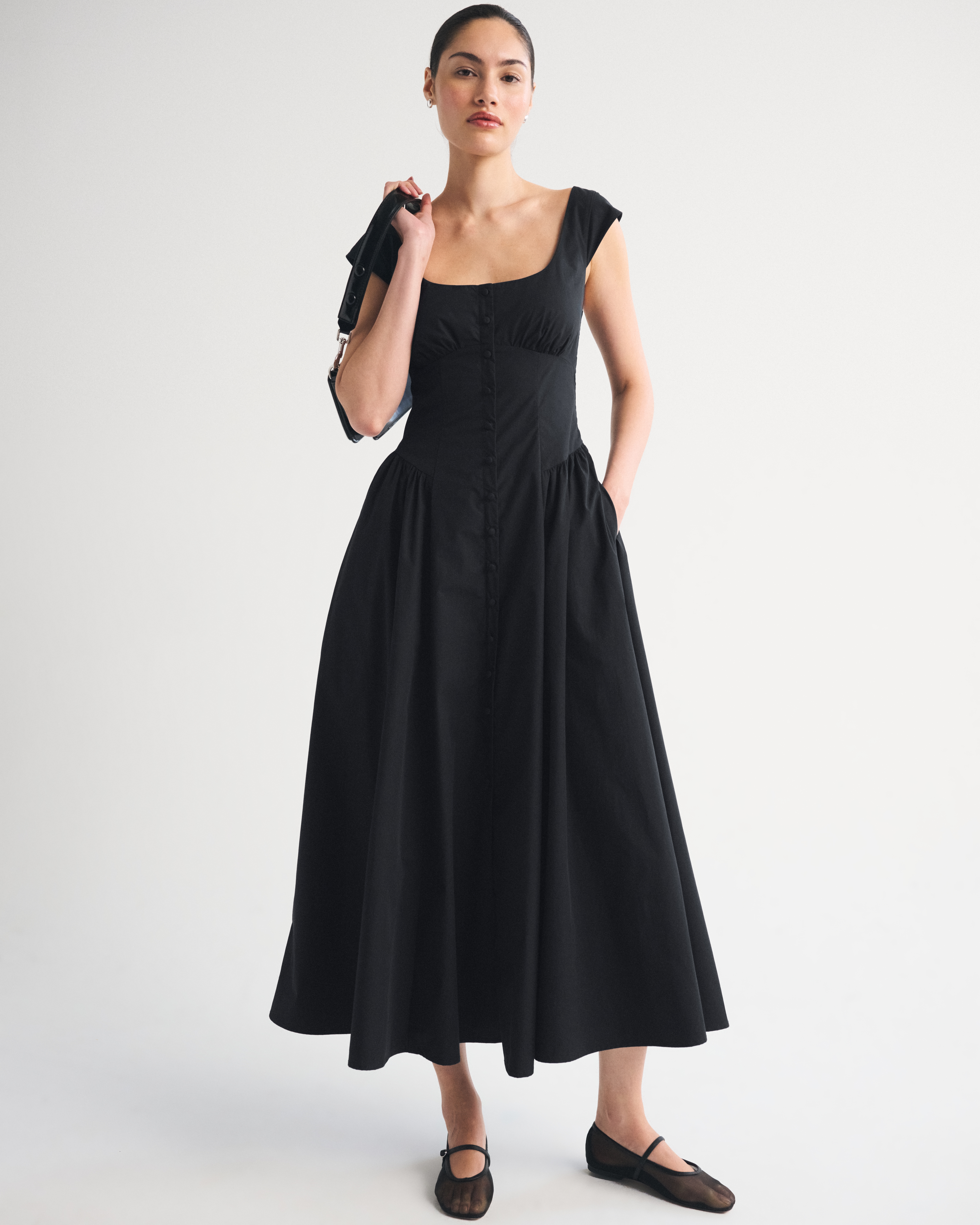 Женское платье Abercrombie & Fitch 100% Cotton A&F Dylan Bra-Free Cap-Sleeve Midi, цвет: Чёрный — фото 2