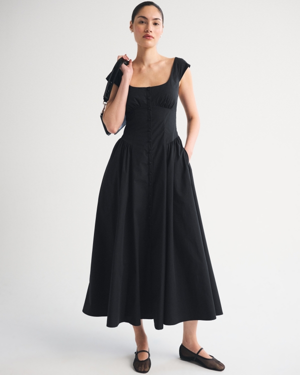 100% Cotton A&F Dylan Bra-Free Cap-Sleeve Midi Dress, Black view 1