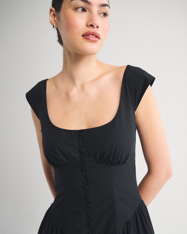 100% Cotton A&F Dylan Bra-Free Cap-Sleeve Midi Dress, Black view 2
