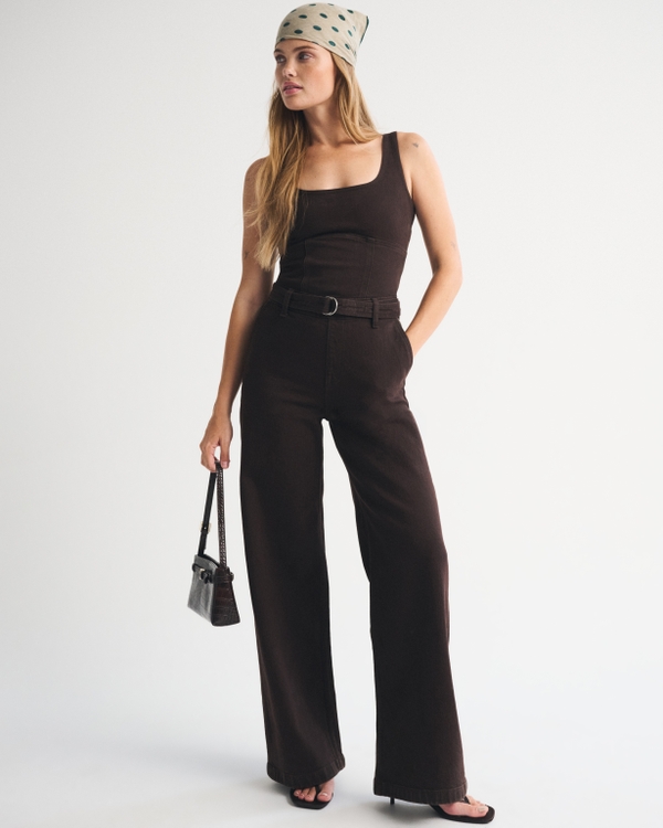 Belted Denim Jumpsuit, Brown view 1