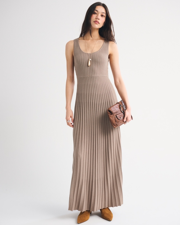 Pleated Maxi Sweater Dress, Taupe Gray view 1