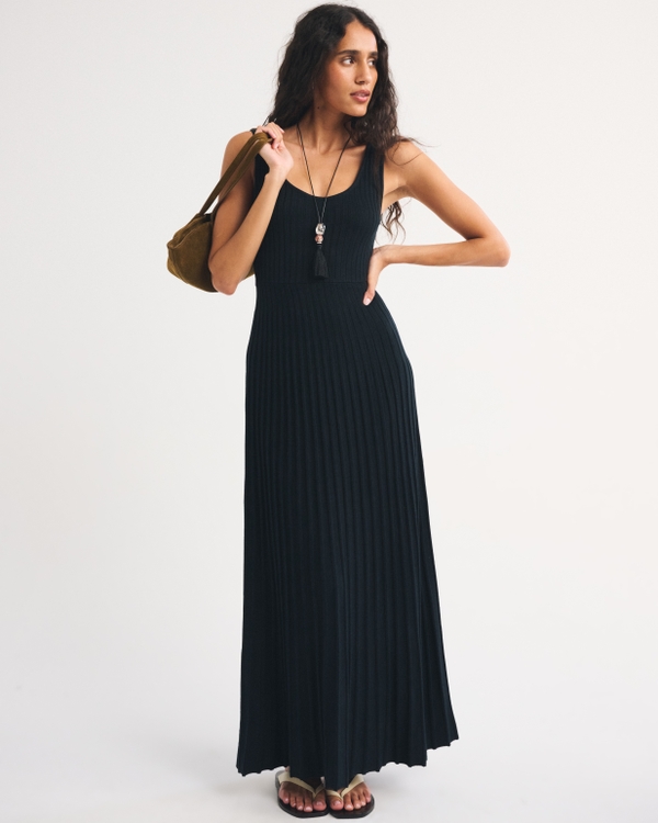 Pleated Maxi Sweater Dress, Black view 1
