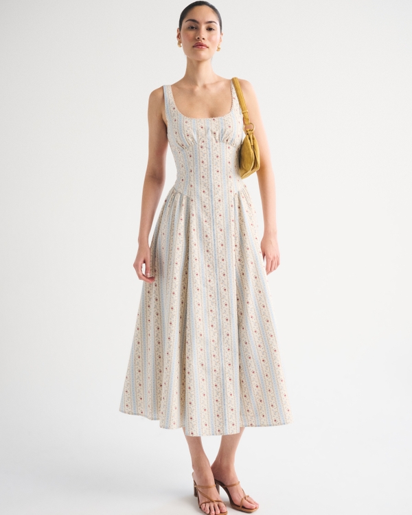 100% Cotton A&F Bra-Free Dylan Midi Dress, Cream Floral view 1