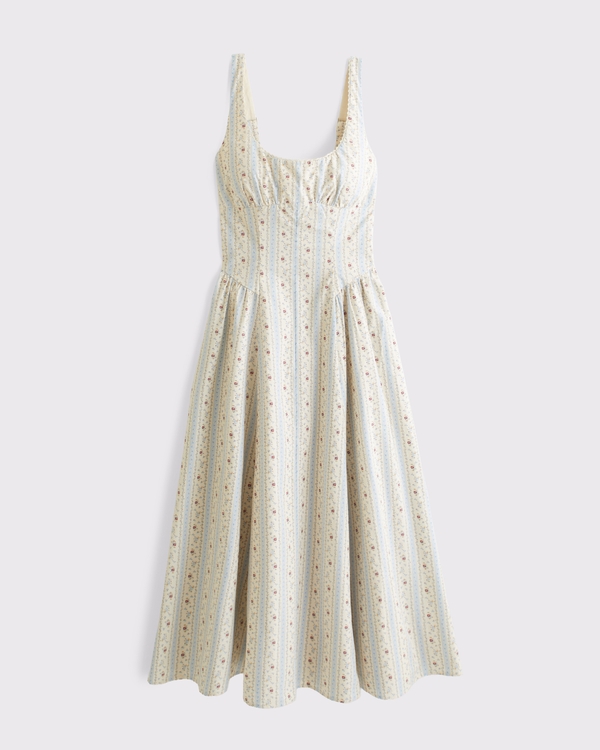 100% Cotton A&F Bra-Free Dylan Midi Dress, Cream Floral view 1