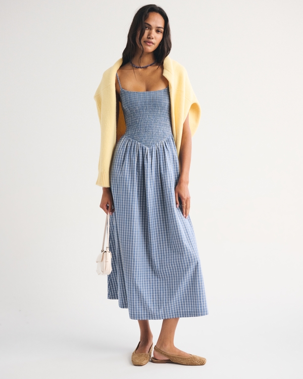 A&F Sydney Smocked Dipped-Waist Midi Dress, Light Blue Check view 1