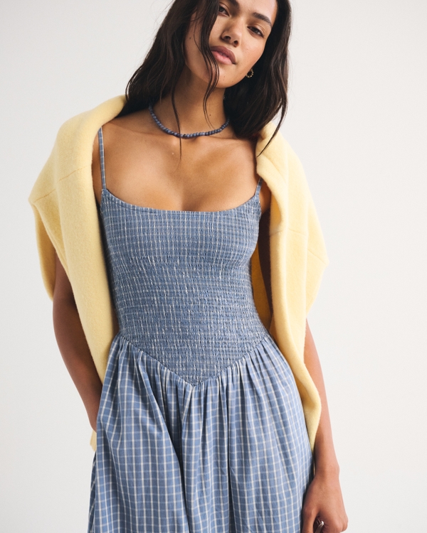 A&F Sydney Smocked Dipped-Waist Midi Dress, Light Blue Check view 2