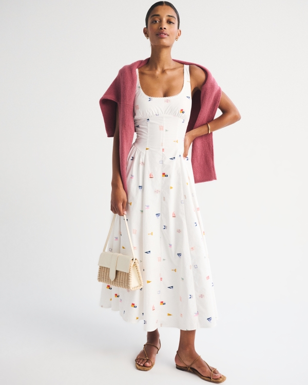 100% Cotton A&F Dylan Bra-Free Midi Dress, White Pattern view 1