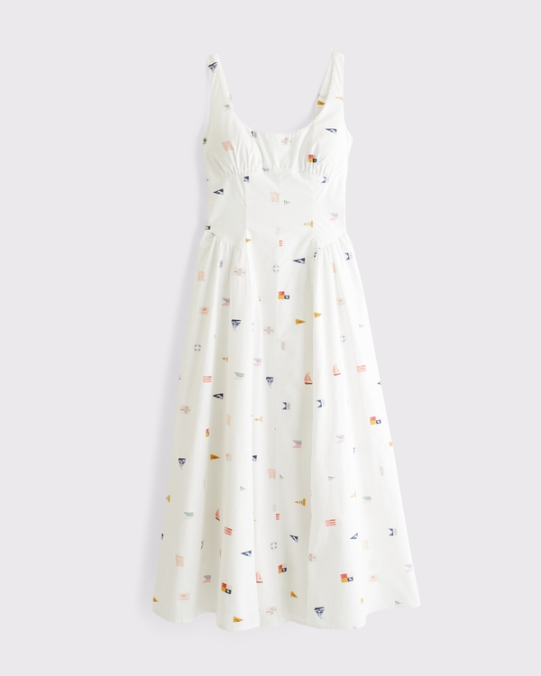 100% Cotton A&F Dylan Bra-Free Midi Dress, White Pattern view 1