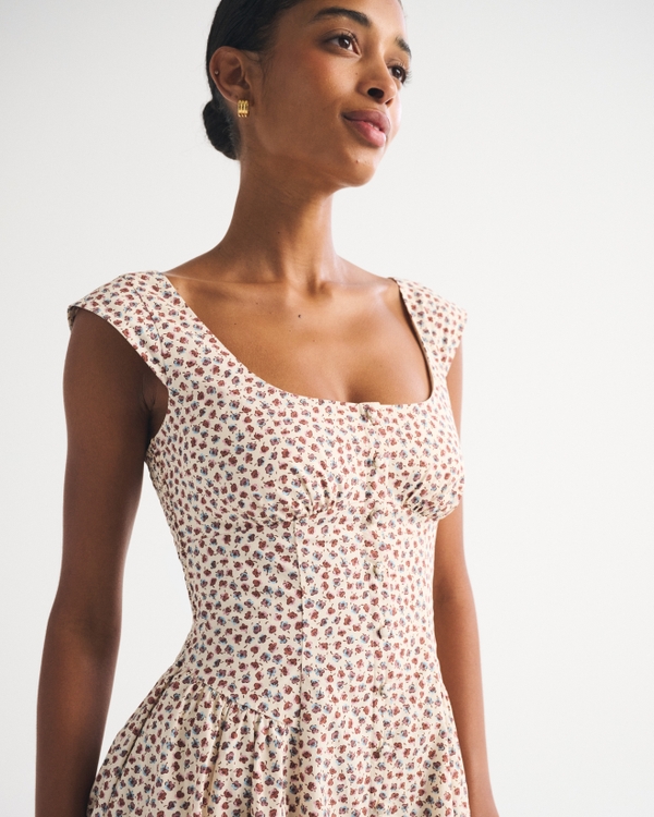100% Cotton A&F Dylan Bra-Free Cap-Sleeve Midi Dress, Cream Floral view 2