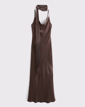 Cowl Neck Scarf Satin Maxi Dress