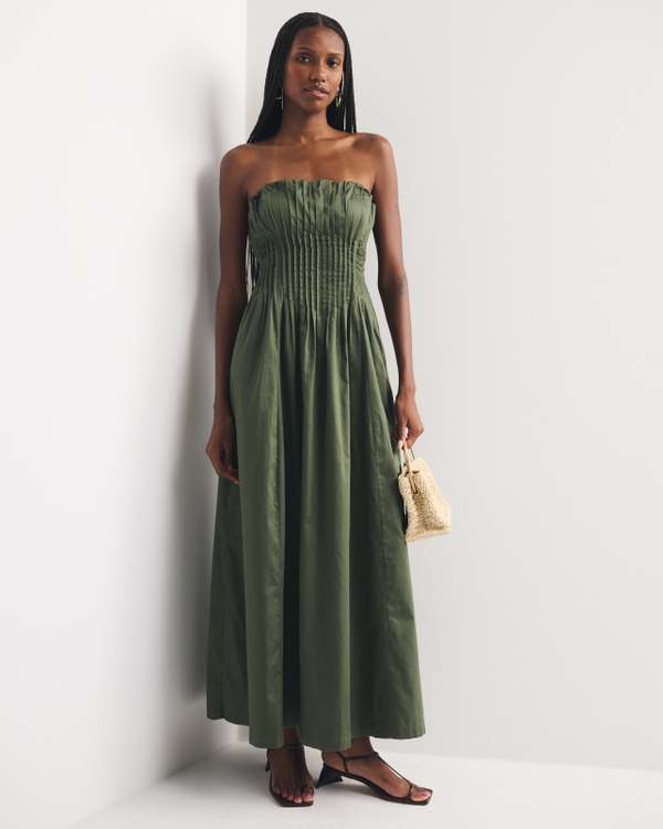 Bra-Free Strapless Pintuck Gown, Thyme view 1