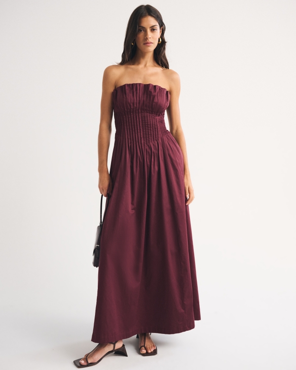 Bra-Free Strapless Pintuck Gown, Wine Red view 1