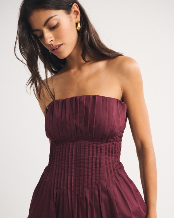 Bra-Free Strapless Pintuck Gown, Wine Red view 2