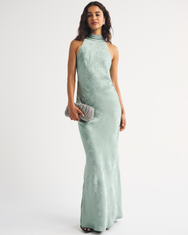 High Neck Satin Jacquard Slip Gown, Sage view 1
