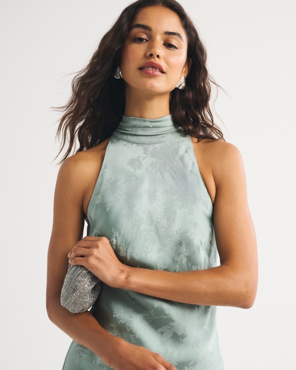 High Neck Satin Jacquard Slip Gown, Sage view 2