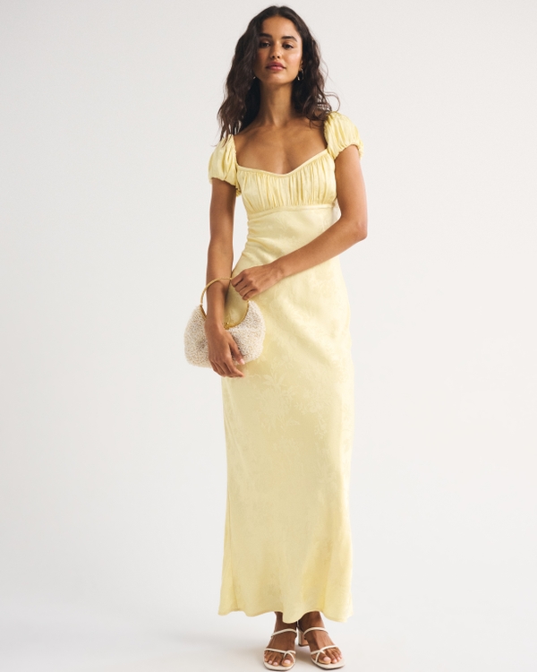 Bra-Free Ruched Satin Maxi Dress, Sunny Yellow view 1