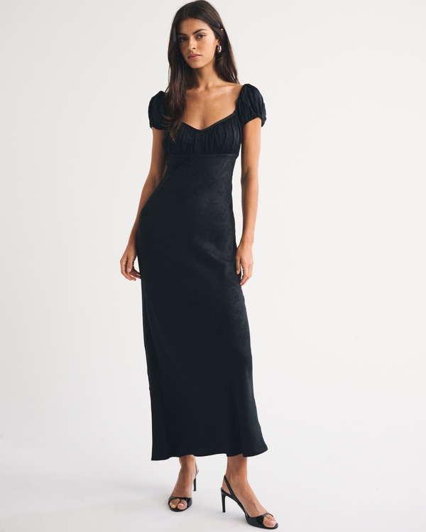 Bra-Free Ruched Satin Maxi Dress, Black view 1