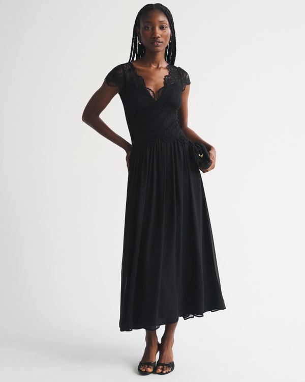 Bra-Free Mixed Fabric Lace Maxi Dress, Black view 1