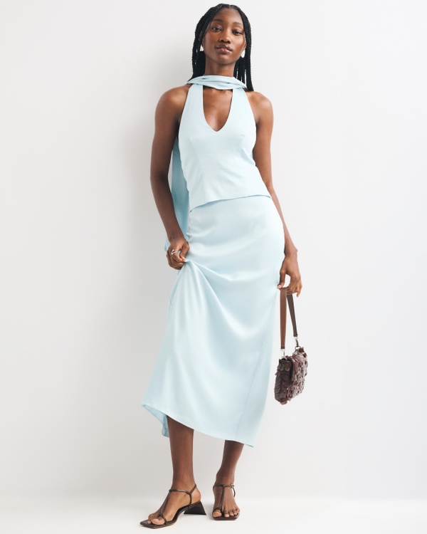 Bra-Free Satin Halter Set Top, Light Blue view 1