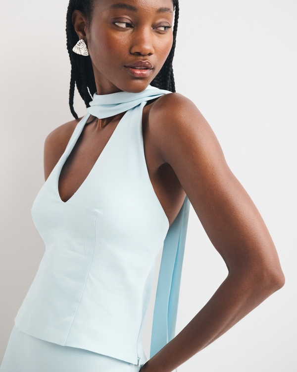 Bra-Free Satin Halter Set Top, Light Blue view 2