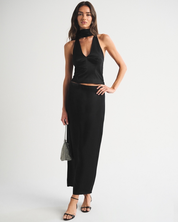 Bra-Free Satin Halter Set Top, Black view 2