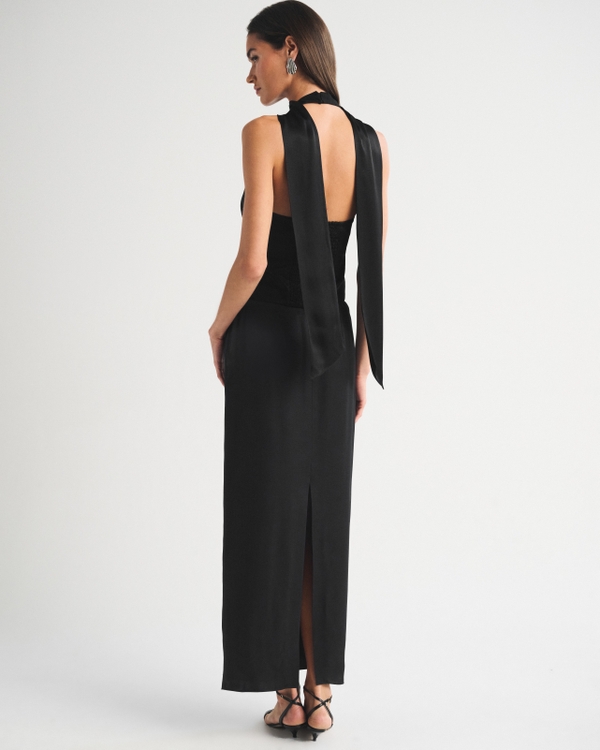 satin halter top dress Women's Bra-Free Set black silk halter dress