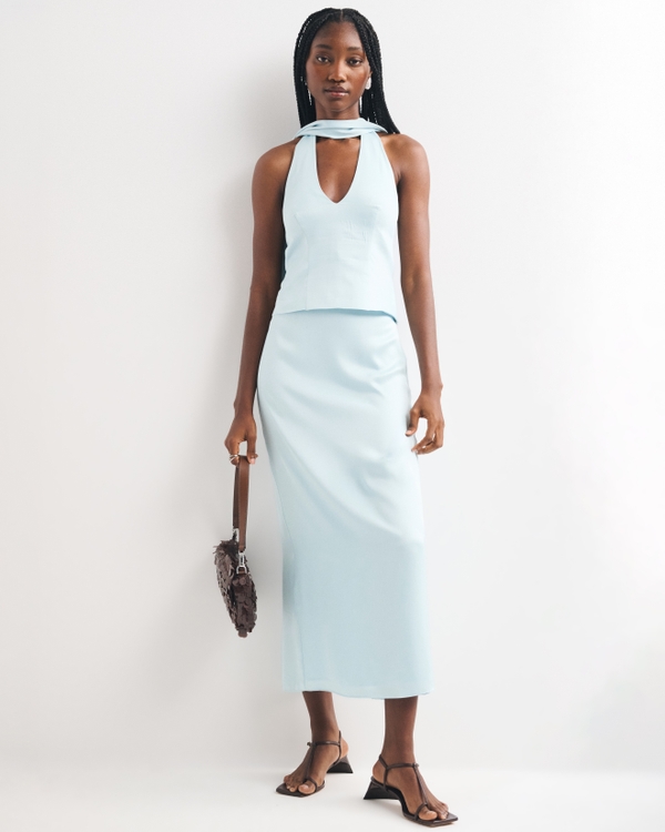 Mid Rise Satin Maxi Set Skirt, Light Blue view 1